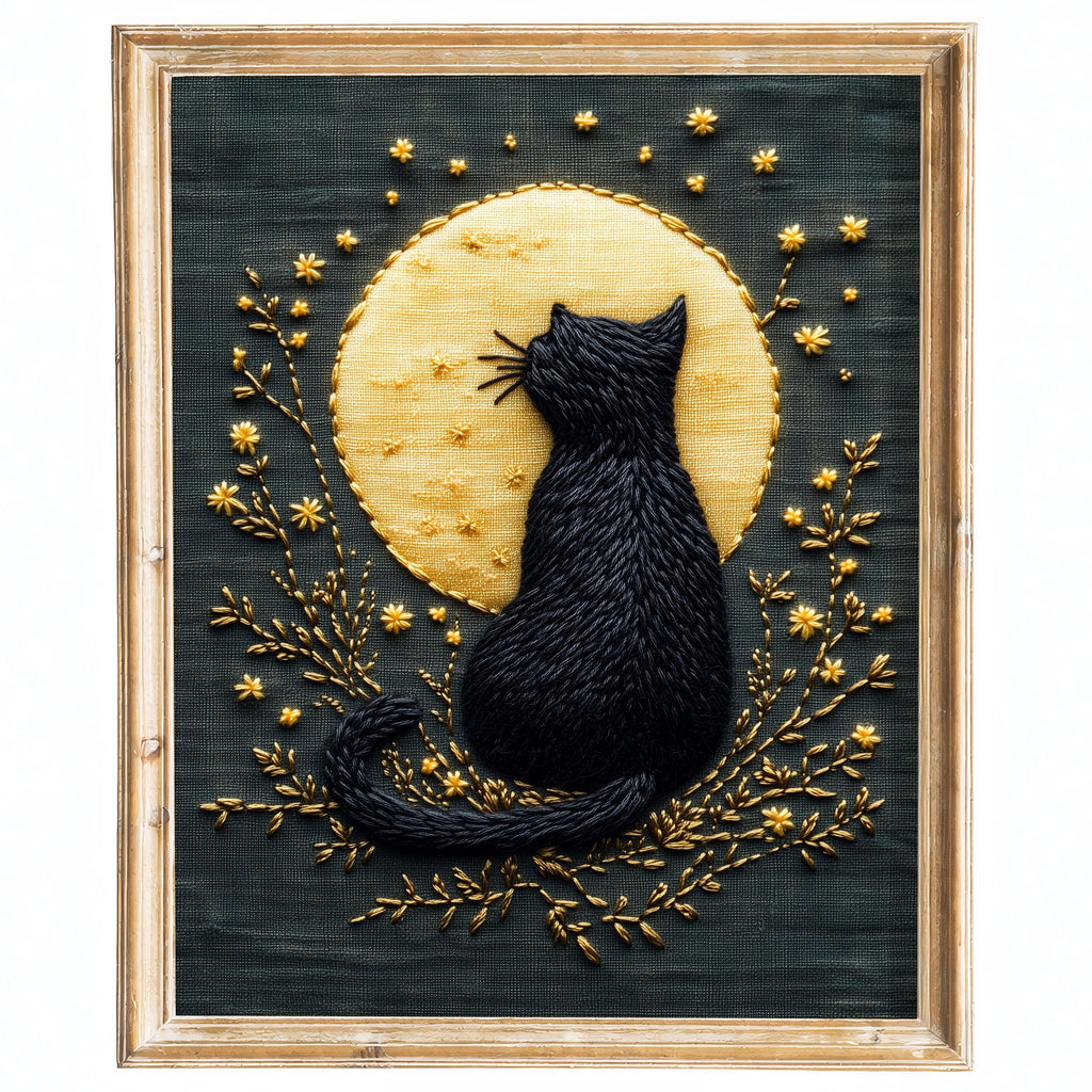 Embroidered Moon Cat Halloween art print framed