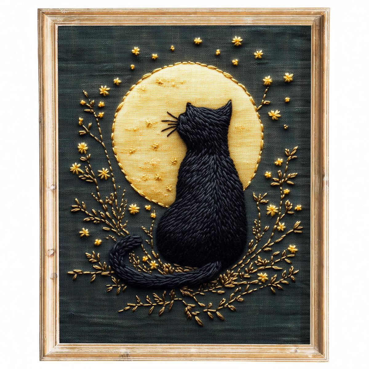 Embroidered Moon Cat Halloween art print framed