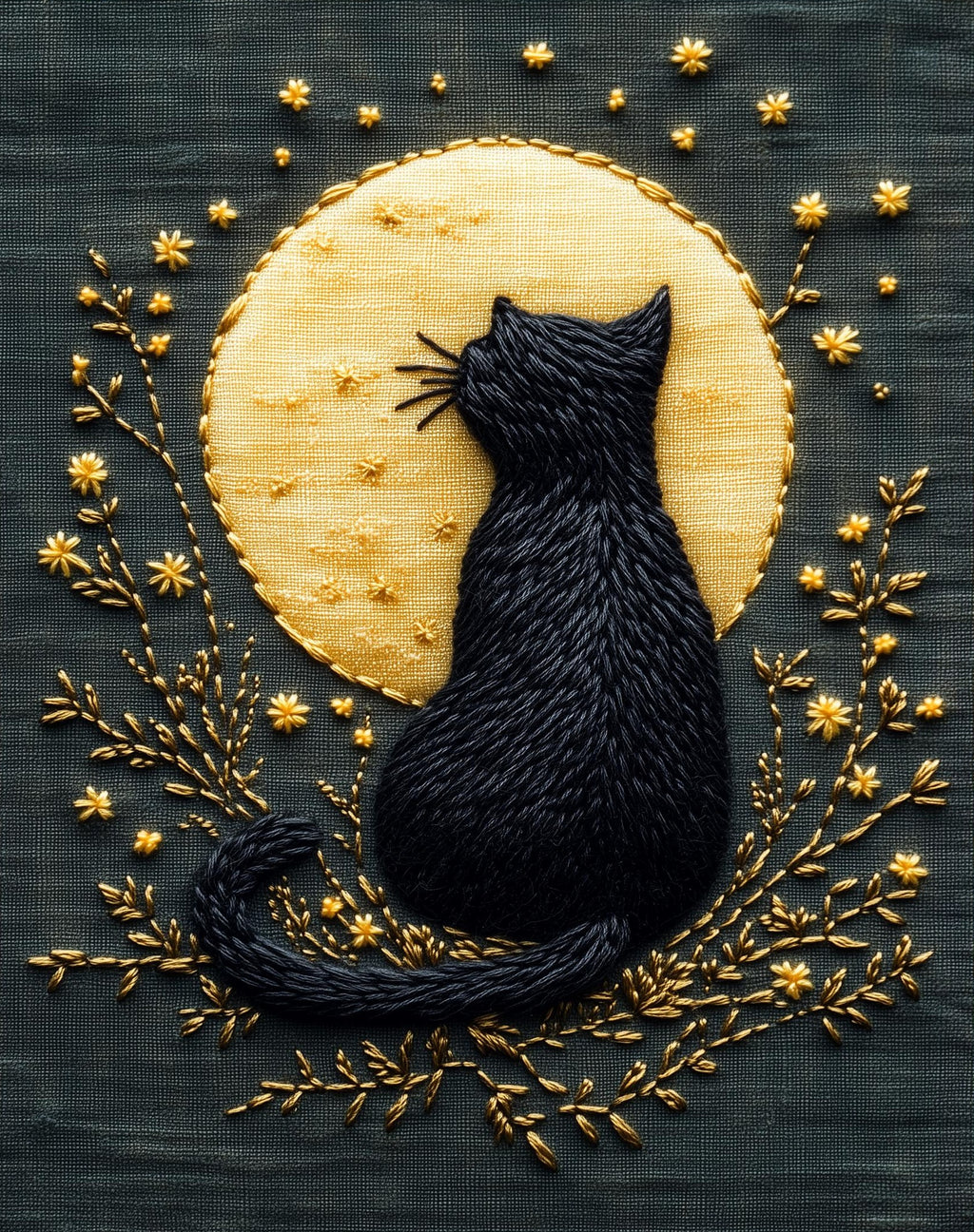 Embroidered Moon Cat Halloween art print unframed, signed by Pattie Overcash