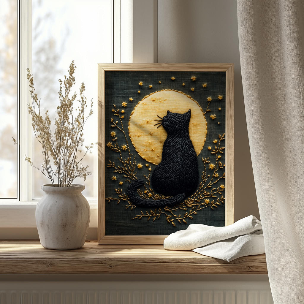 Embroidered Moon Cat Halloween art print shown in a room setting