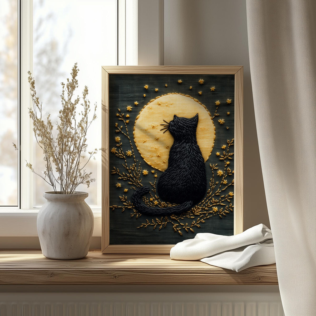 Embroidered Moon Cat Halloween art print shown in a room setting