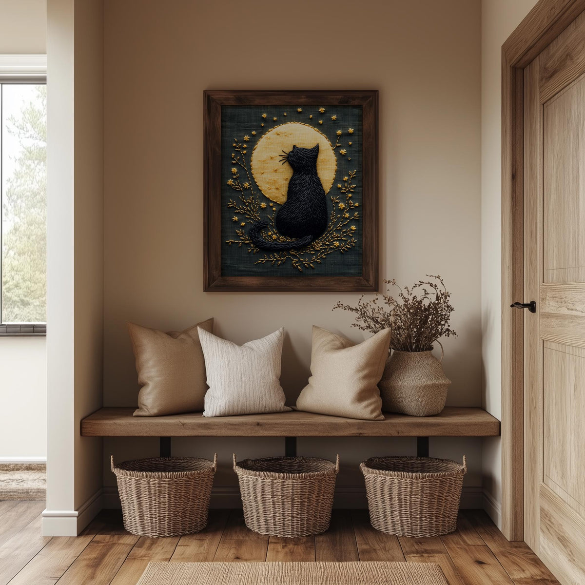 Embroidered Moon Cat Halloween art print shown in a room setting