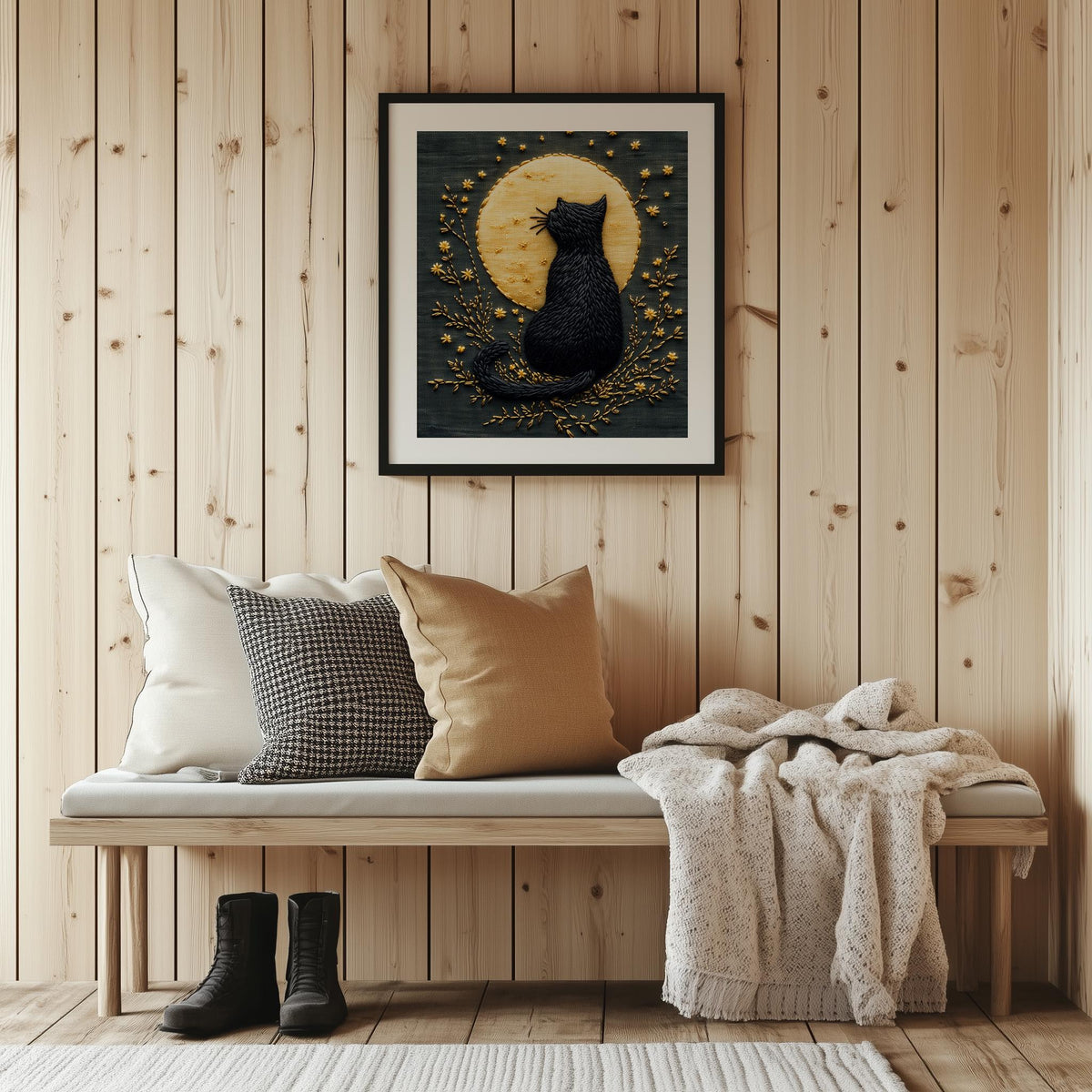 Embroidered Moon Cat Halloween art print shown in a room setting