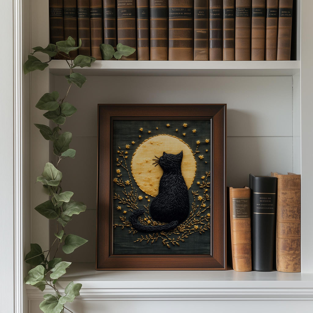 Embroidered Moon Cat Halloween art print shown in a room setting