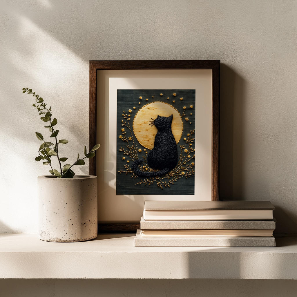 Embroidered Moon Cat Halloween art print shown in a room setting