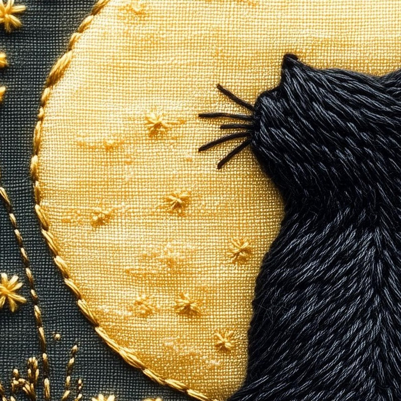 Embroidered Moon Cat Halloween art print close-up detail