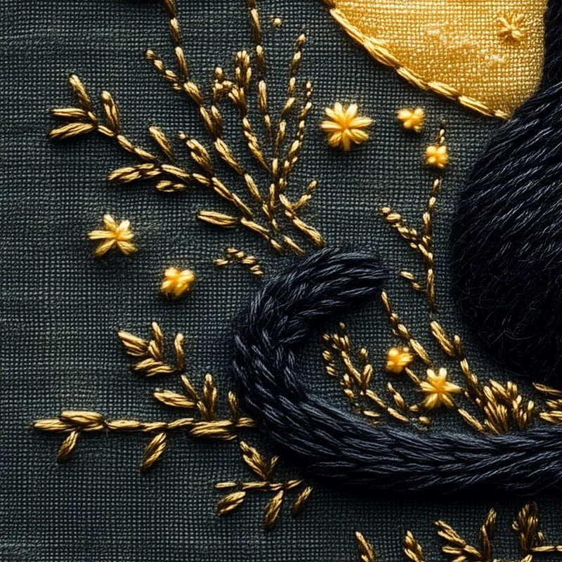 Embroidered Moon Cat Halloween art print close-up detail