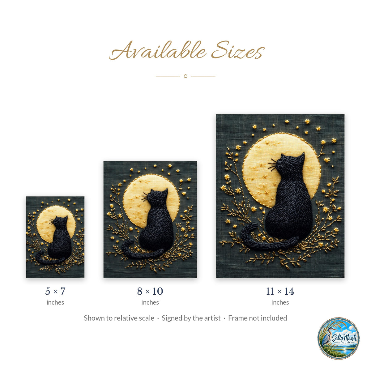 Embroidered Moon Cat art print size guide: 5x7, 8x10 and 11x14
