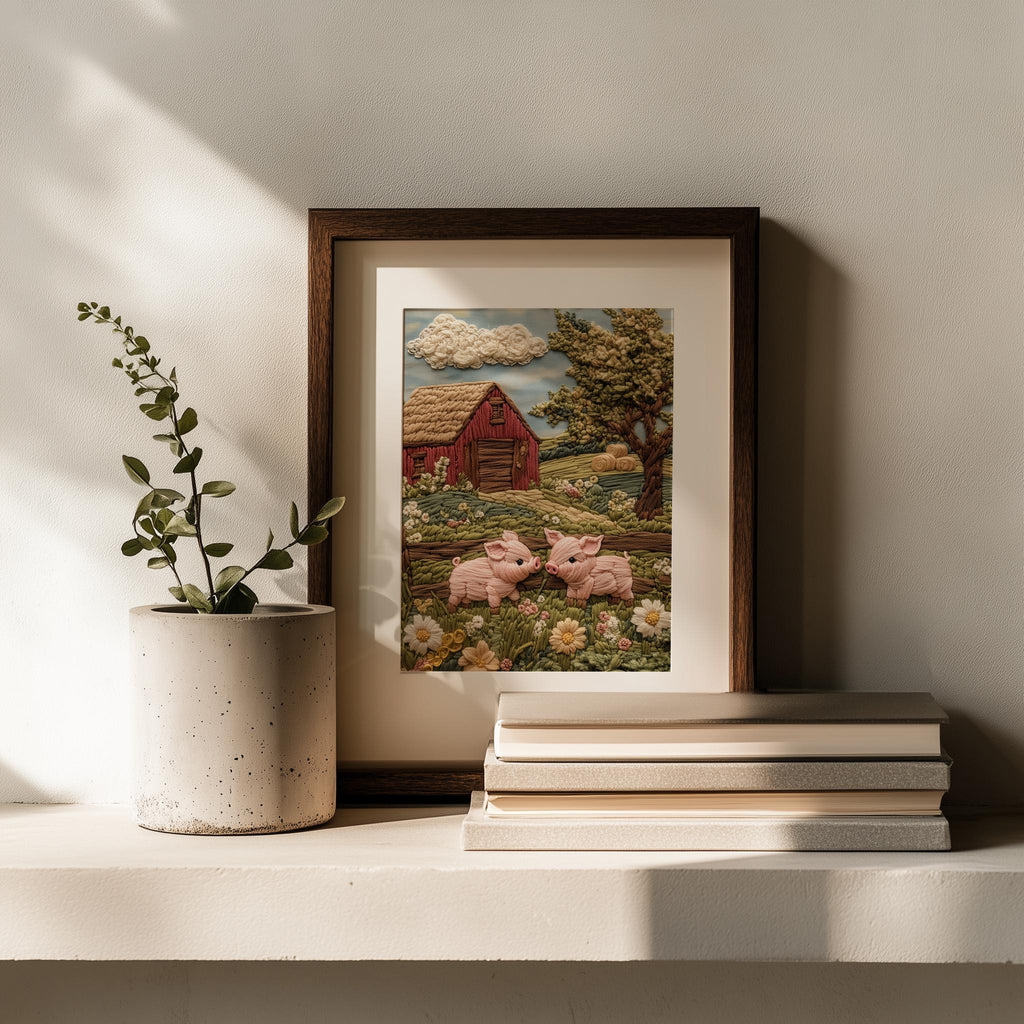 Pink Pigs Farm animal art print shown in a room setting