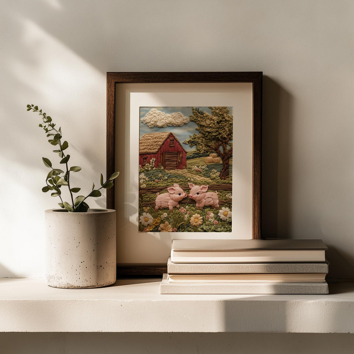 Pink Pigs Farm animal art print shown in a room setting