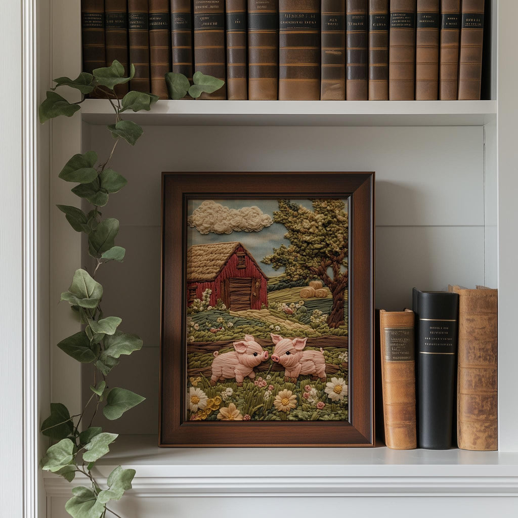 Pink Pigs Farm animal art print shown in a room setting