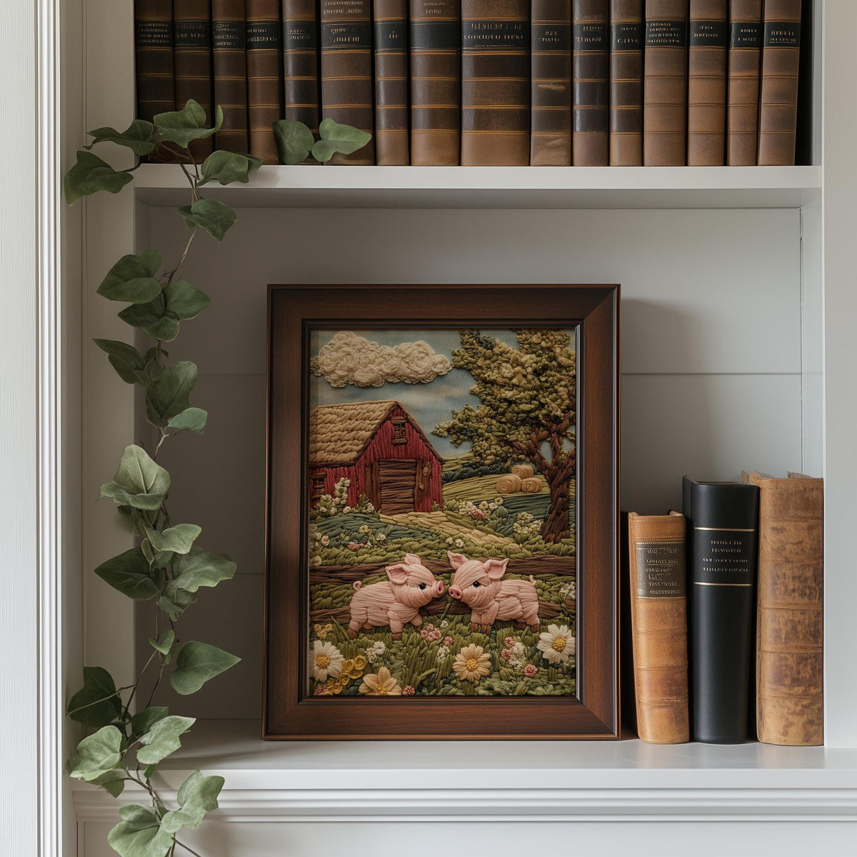 Pink Pigs Farm animal art print shown in a room setting
