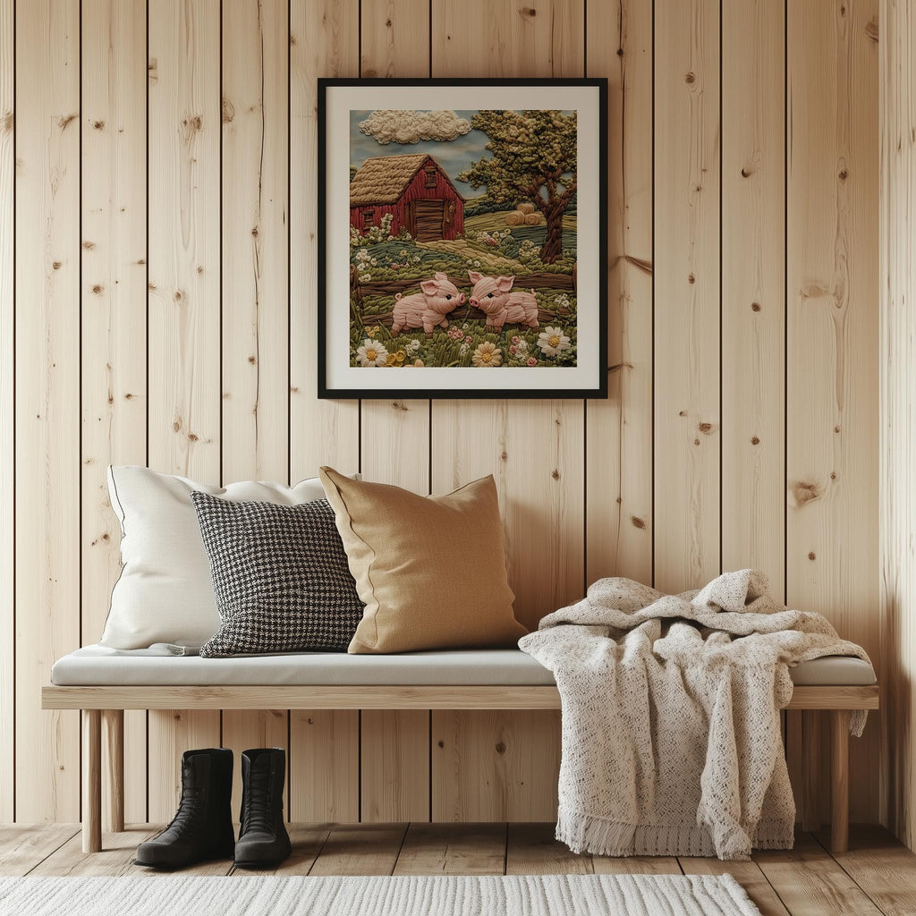 Pink Pigs Farm animal art print shown in a room setting