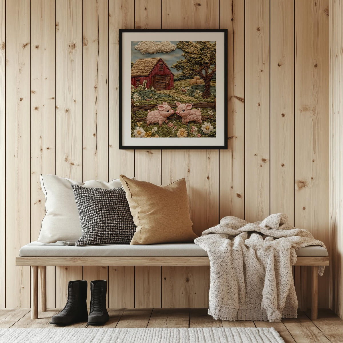 Pink Pigs Farm animal art print shown in a room setting