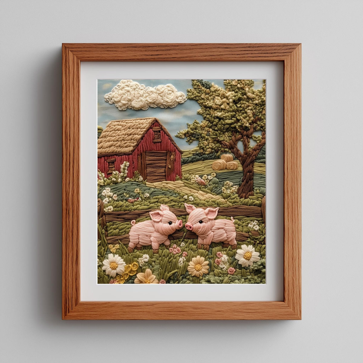Pink Pigs Farm animal art print shown in a room setting