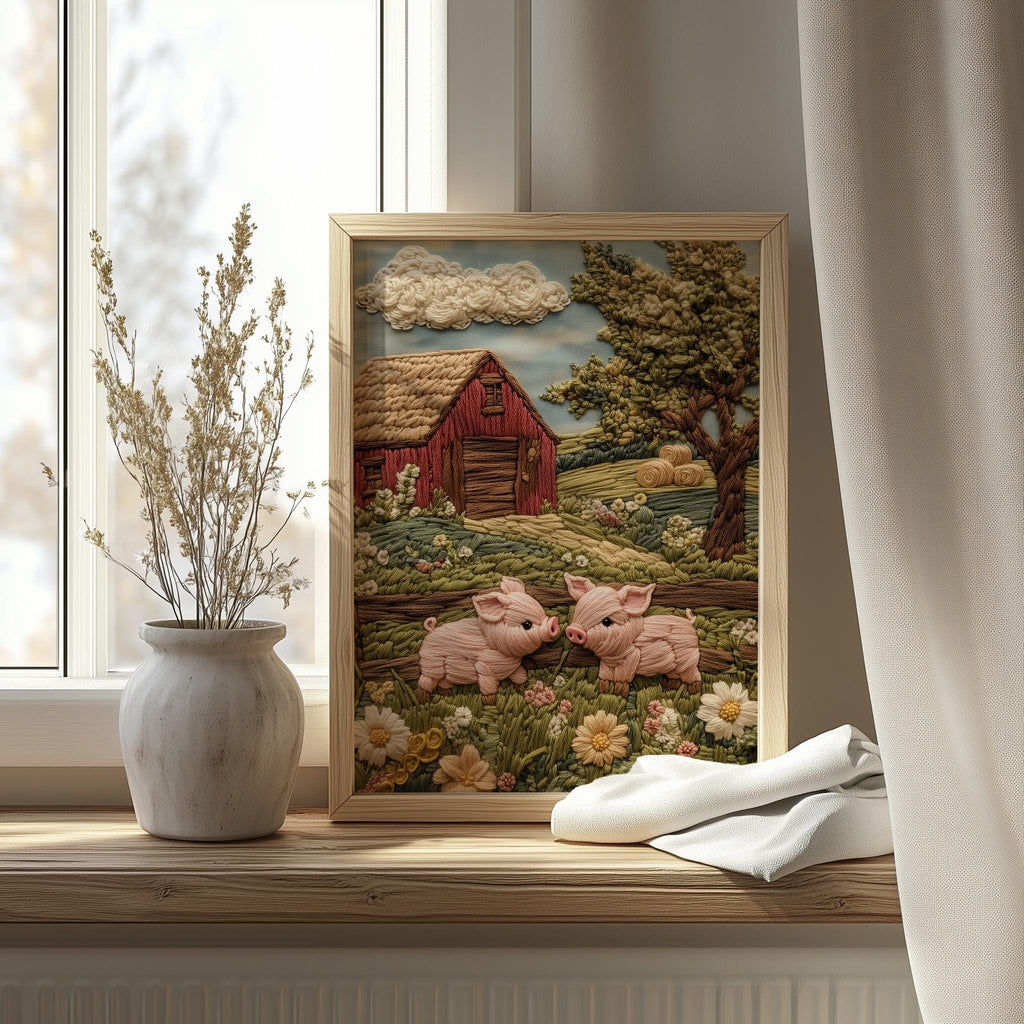 Pink Pigs Farm animal art print shown in a room setting