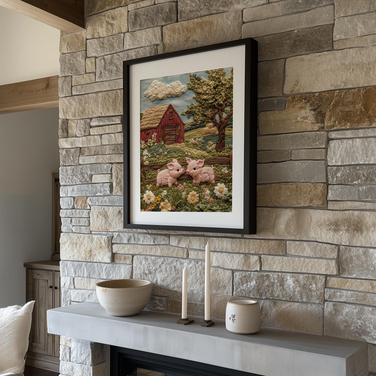 Pink Pigs Farm animal art print shown in a room setting