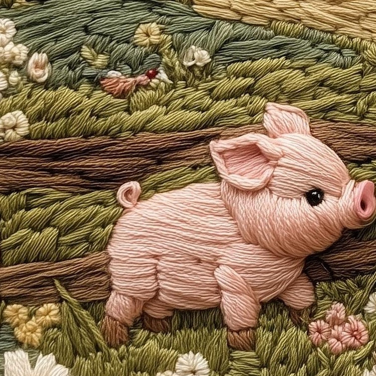 Pink Pigs Farm animal art print close-up detail