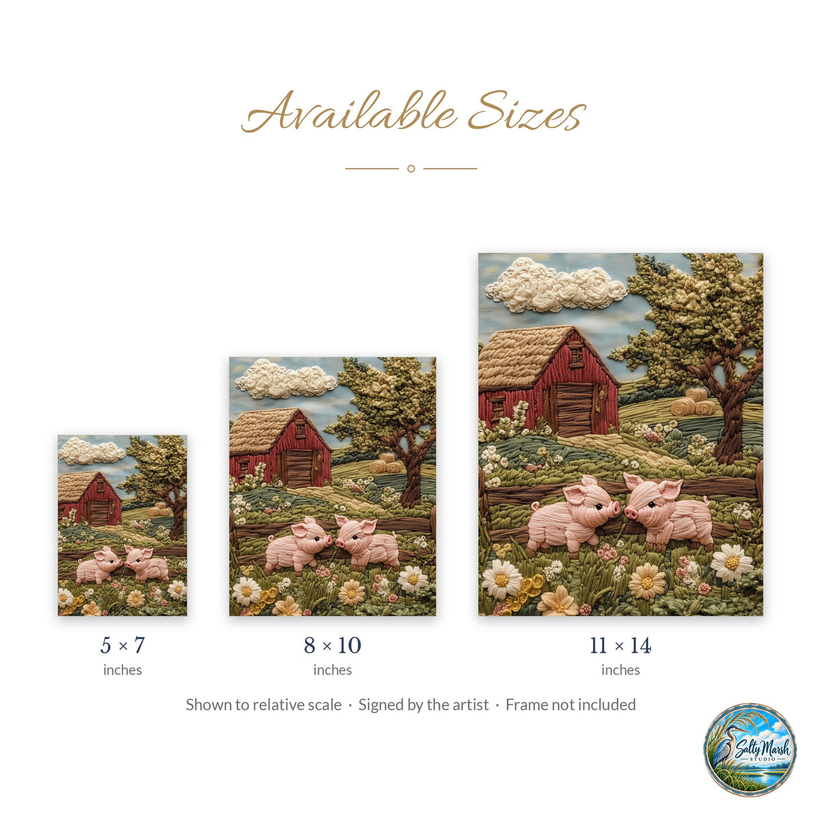 Pink Pigs Farm art print size guide: 5x7, 8x10 and 11x14