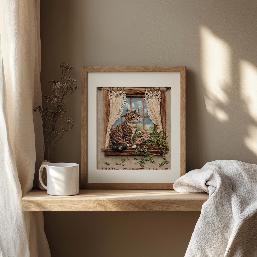 Tabby Window animal art print shown in a room setting