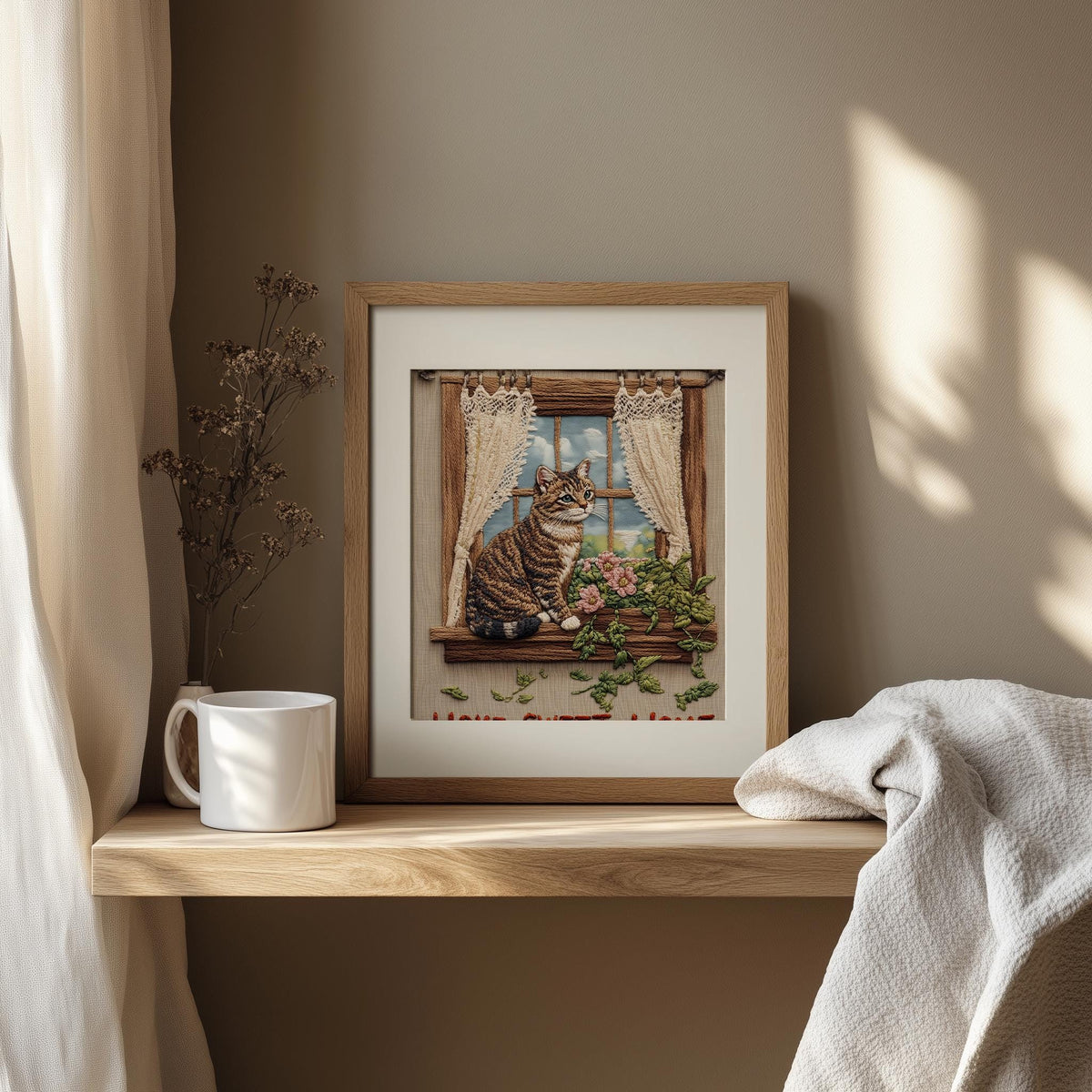 Tabby Window animal art print shown in a room setting