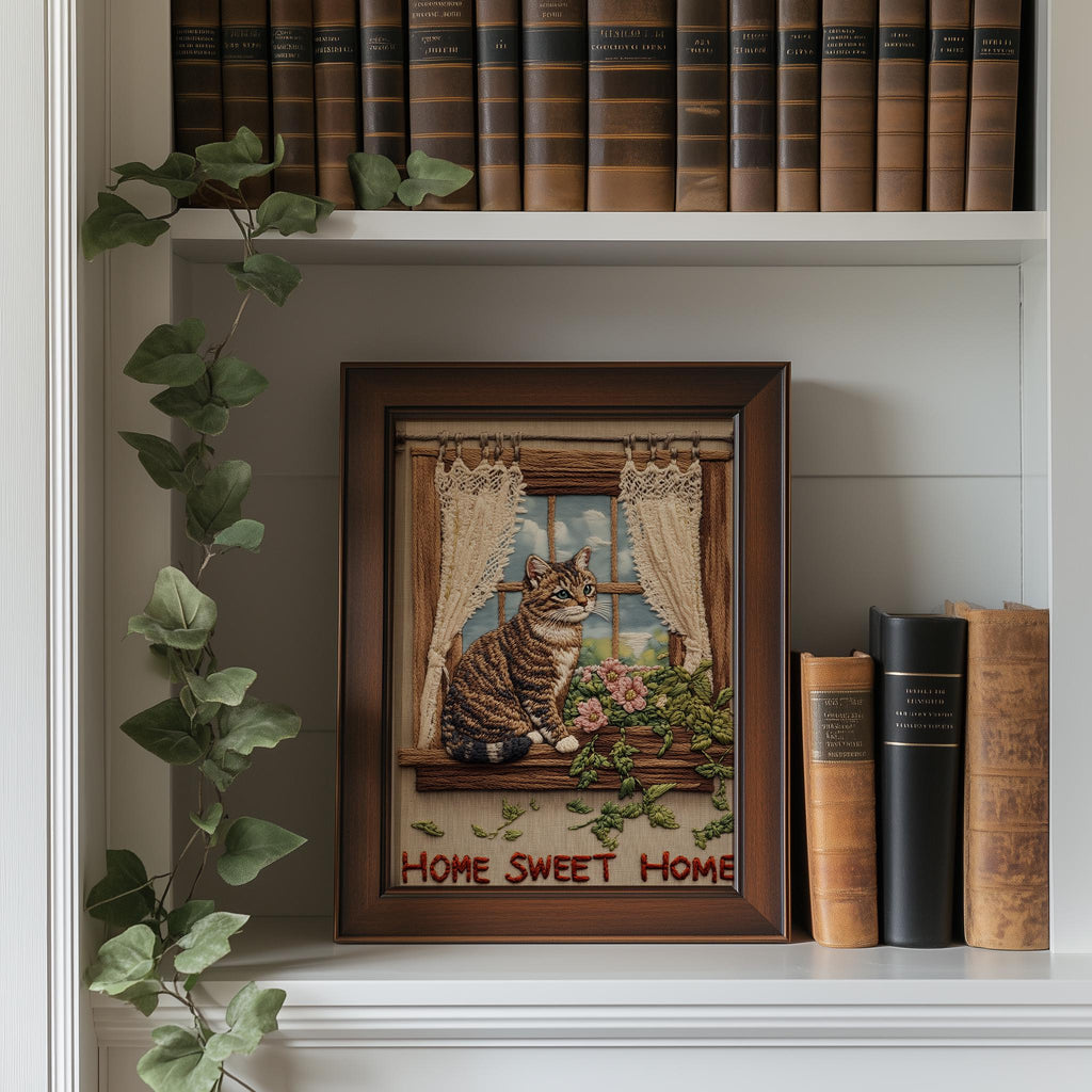 Tabby Window animal art print shown in a room setting
