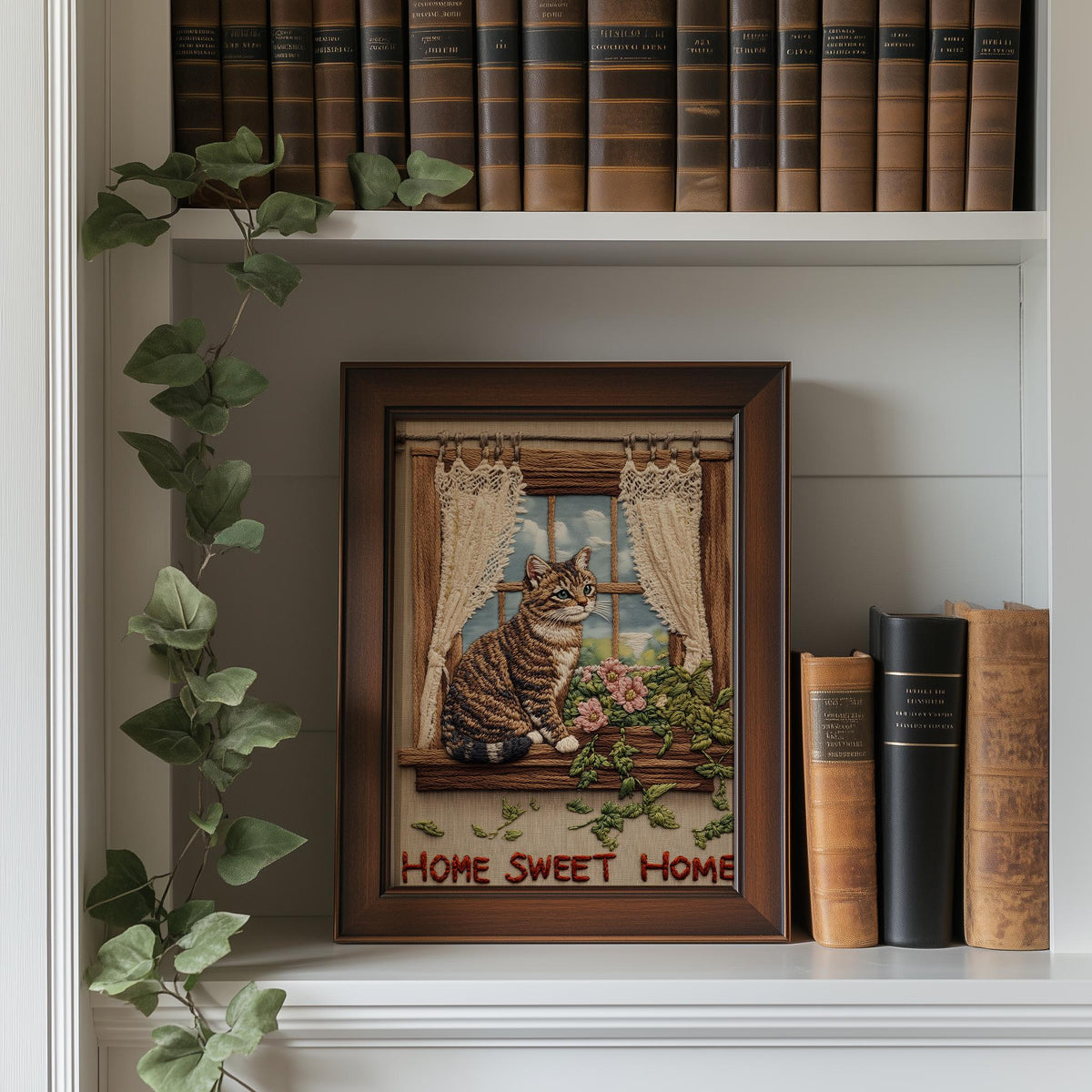 Tabby Window animal art print shown in a room setting