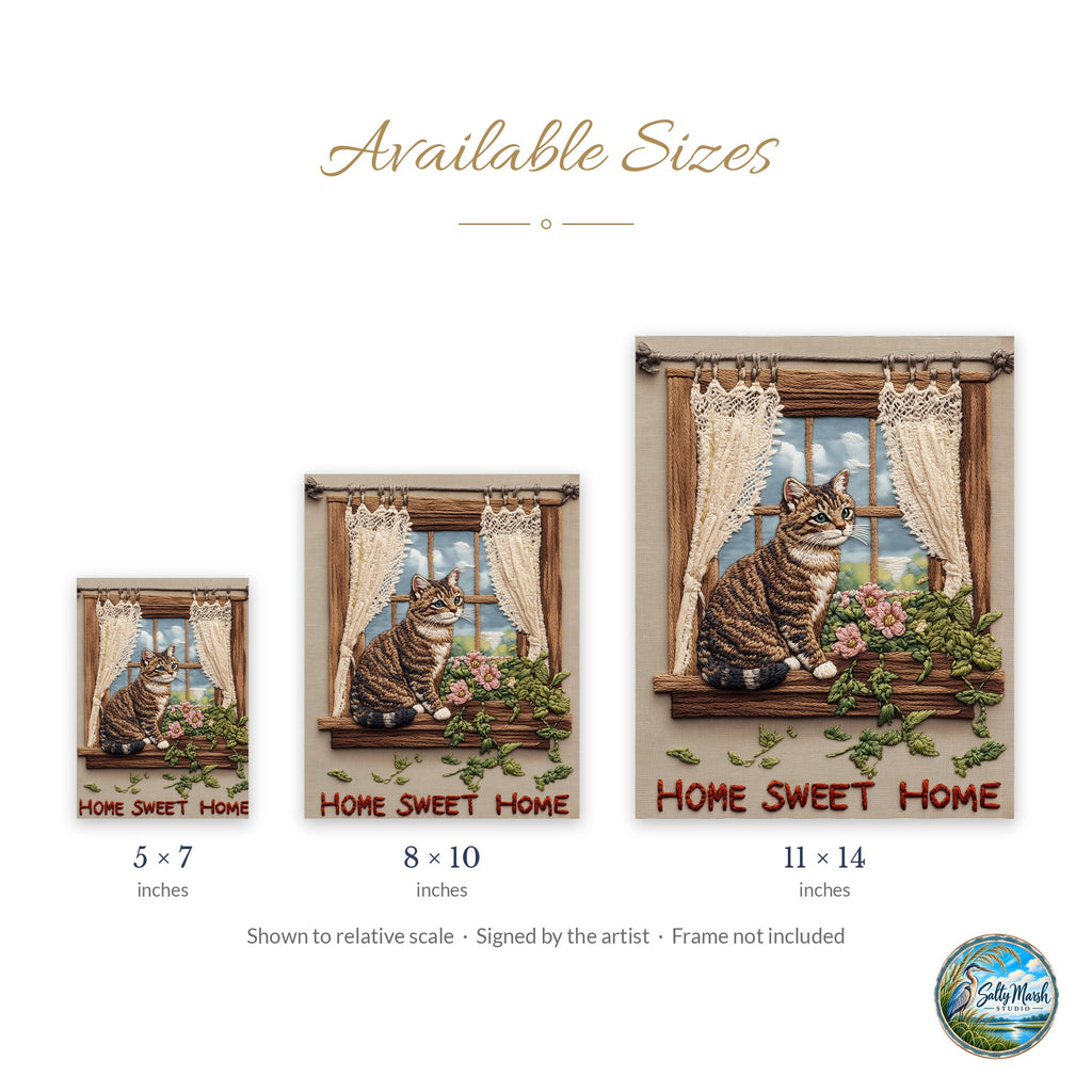 Tabby Window art print size guide: 5x7, 8x10 and 11x14