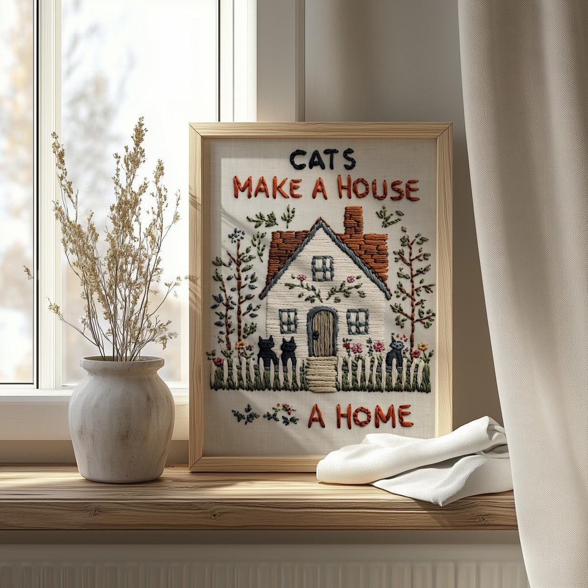 Cats House Home animal art print shown in a room setting
