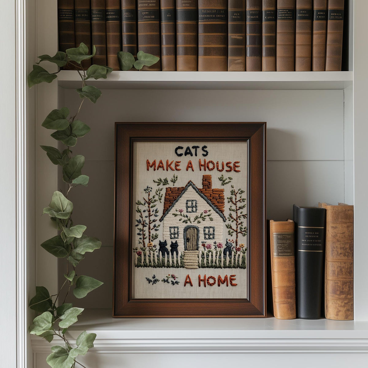 Cats House Home animal art print shown in a room setting