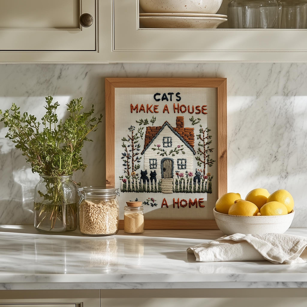 Cats House Home animal art print shown in a room setting
