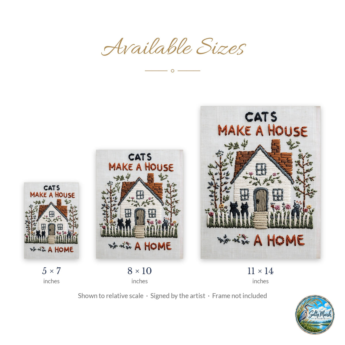 Cats House Home art print size guide: 5x7, 8x10 and 11x14