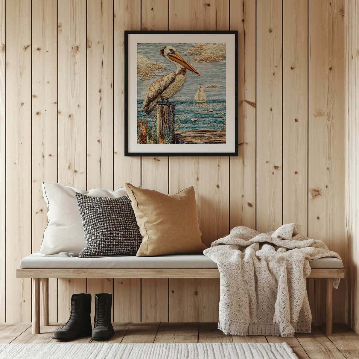Pelican Dock animal art print shown in a room setting