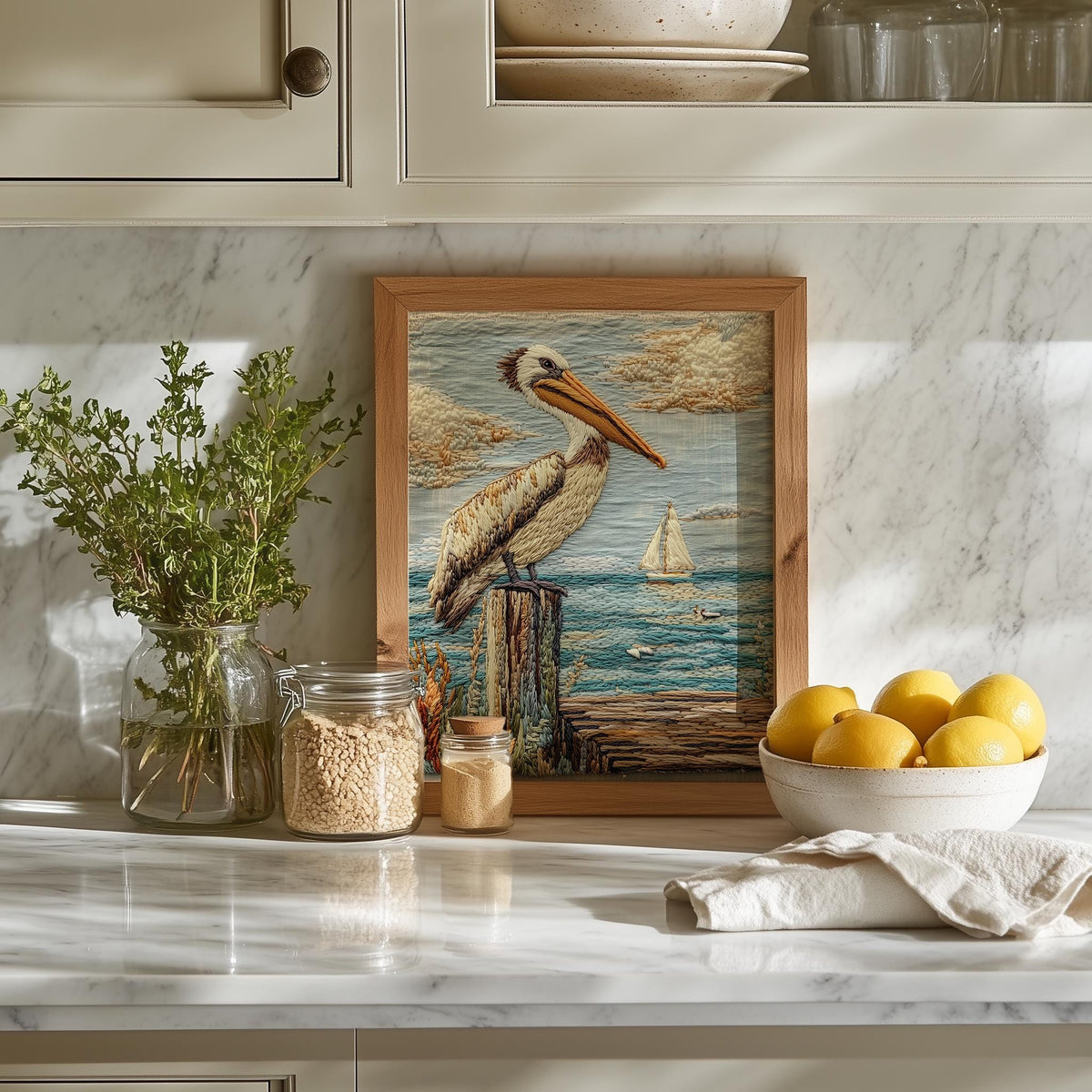 Pelican Dock animal art print shown in a room setting