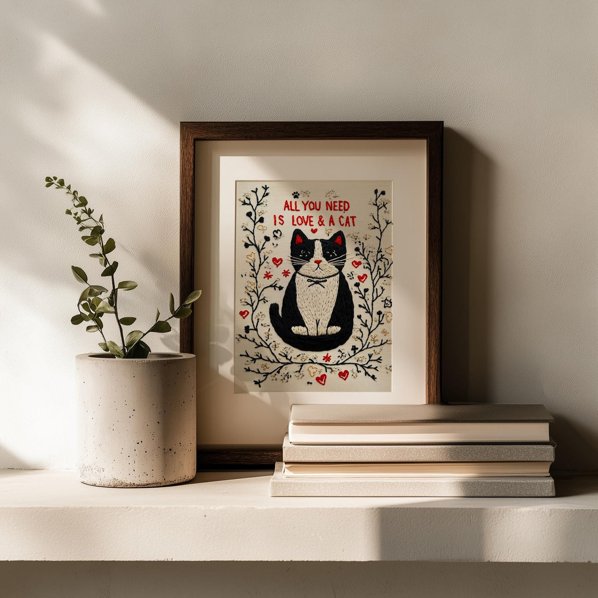 Love and a Cat animal art print shown in a room setting