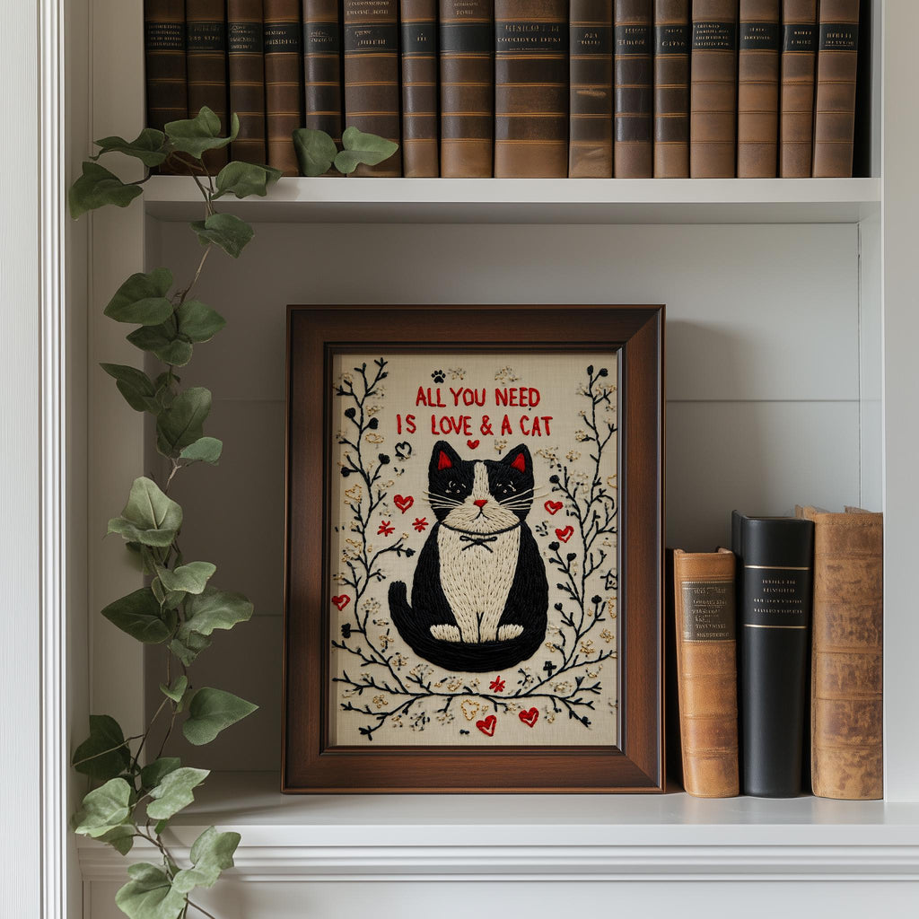 Love and a Cat animal art print shown in a room setting