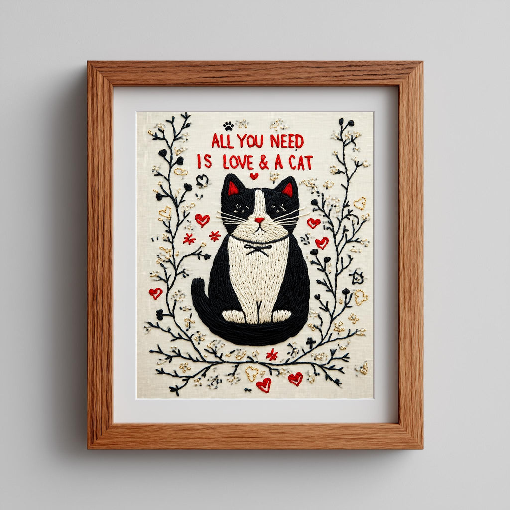 Love and a Cat animal art print shown in a room setting