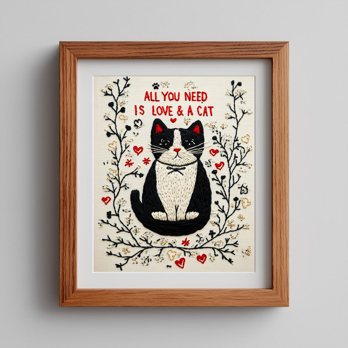 Love and a Cat animal art print shown in a room setting