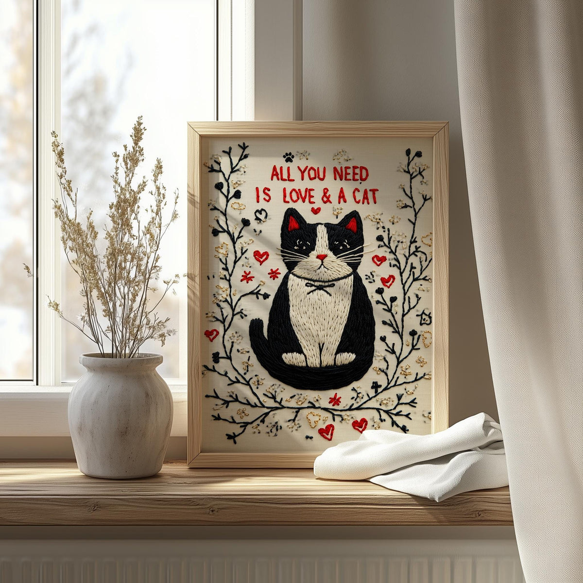 Love and a Cat animal art print shown in a room setting