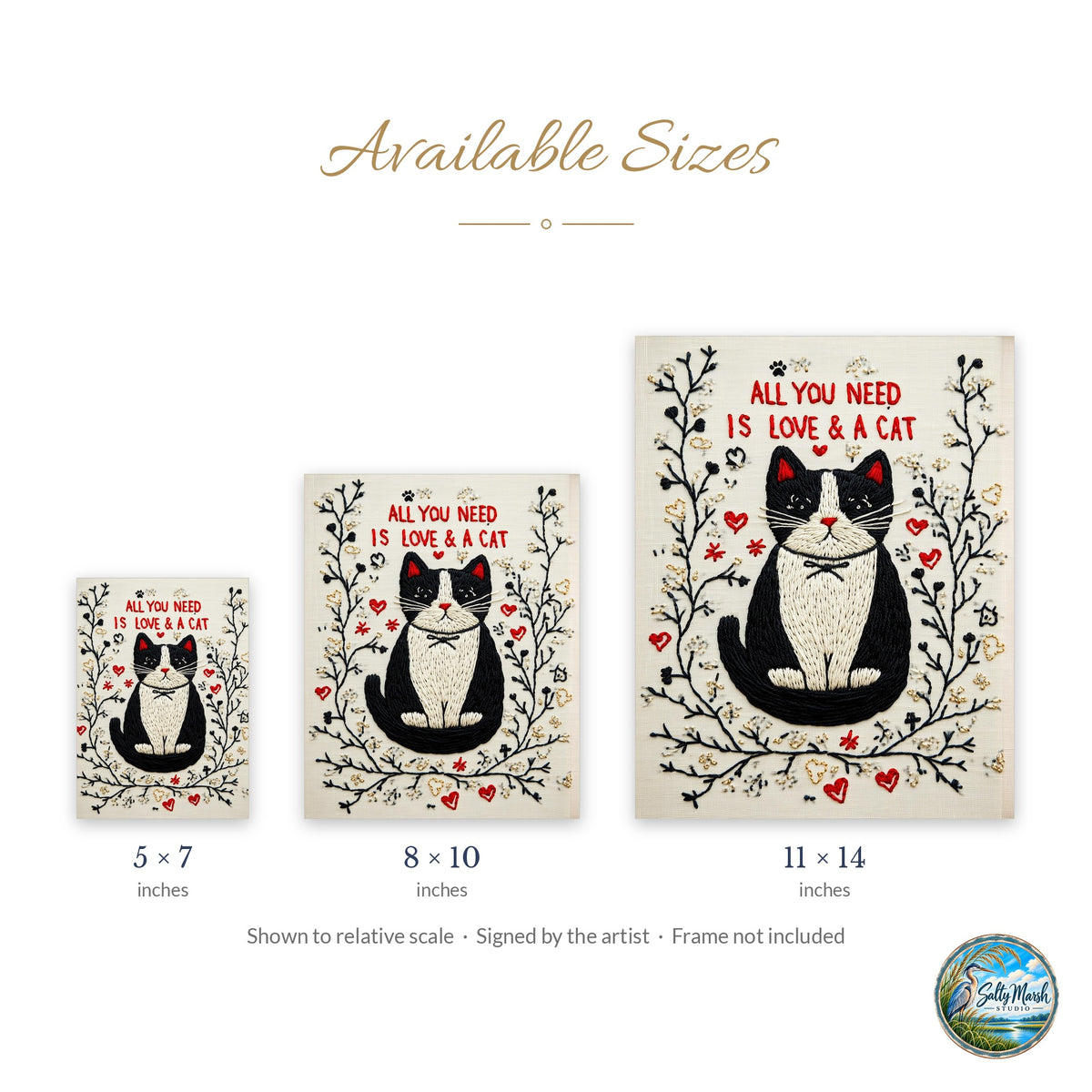 Love and a Cat art print size guide: 5x7, 8x10 and 11x14