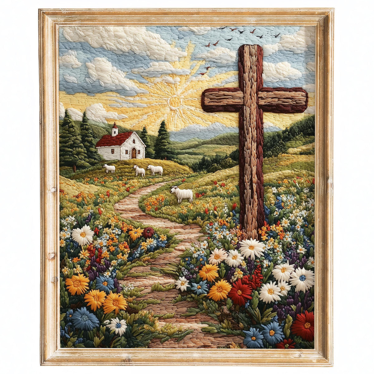 Embroidered Cross faith art print framed
