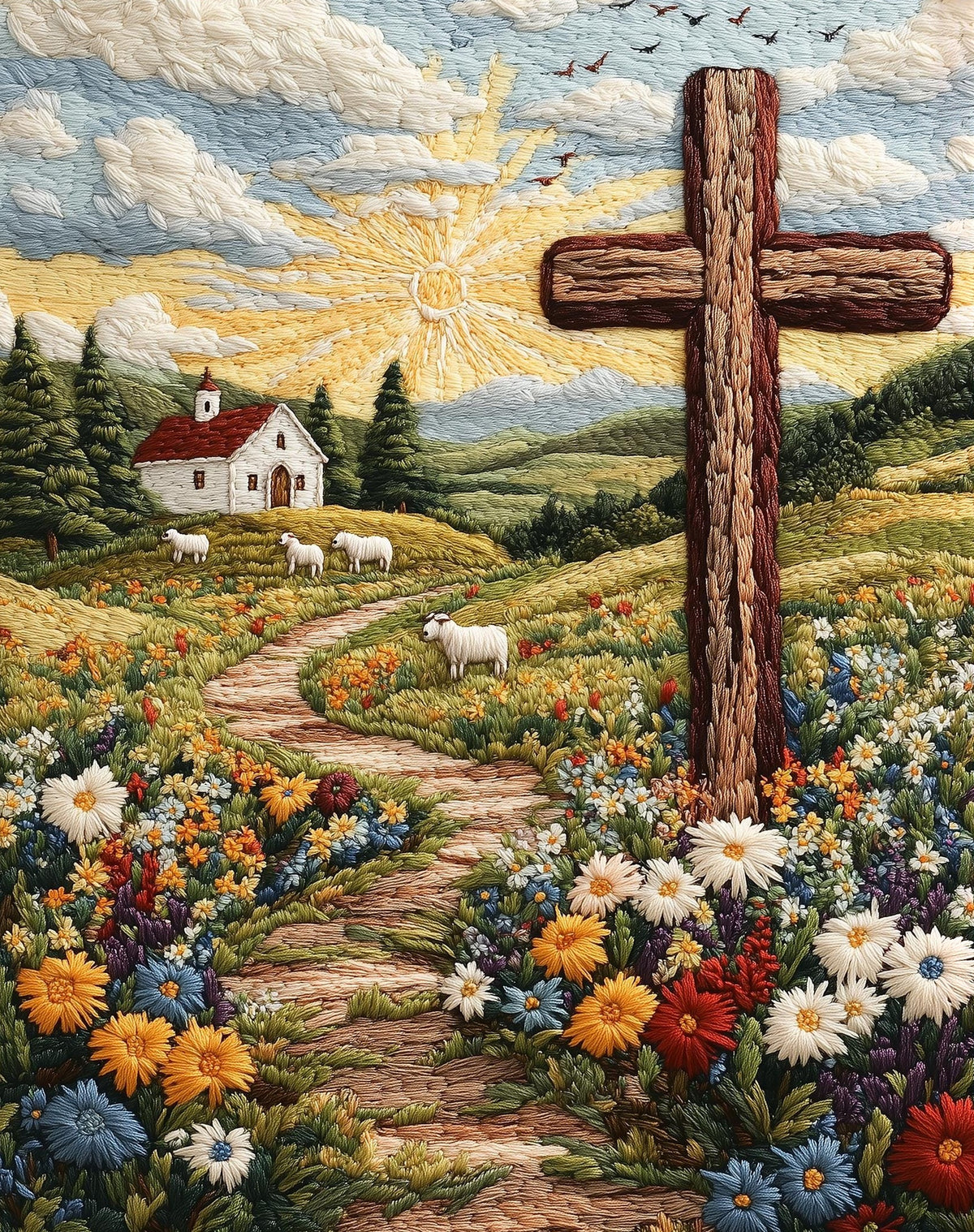 Embroidered Cross faith art print unframed, signed by Pattie Overcash