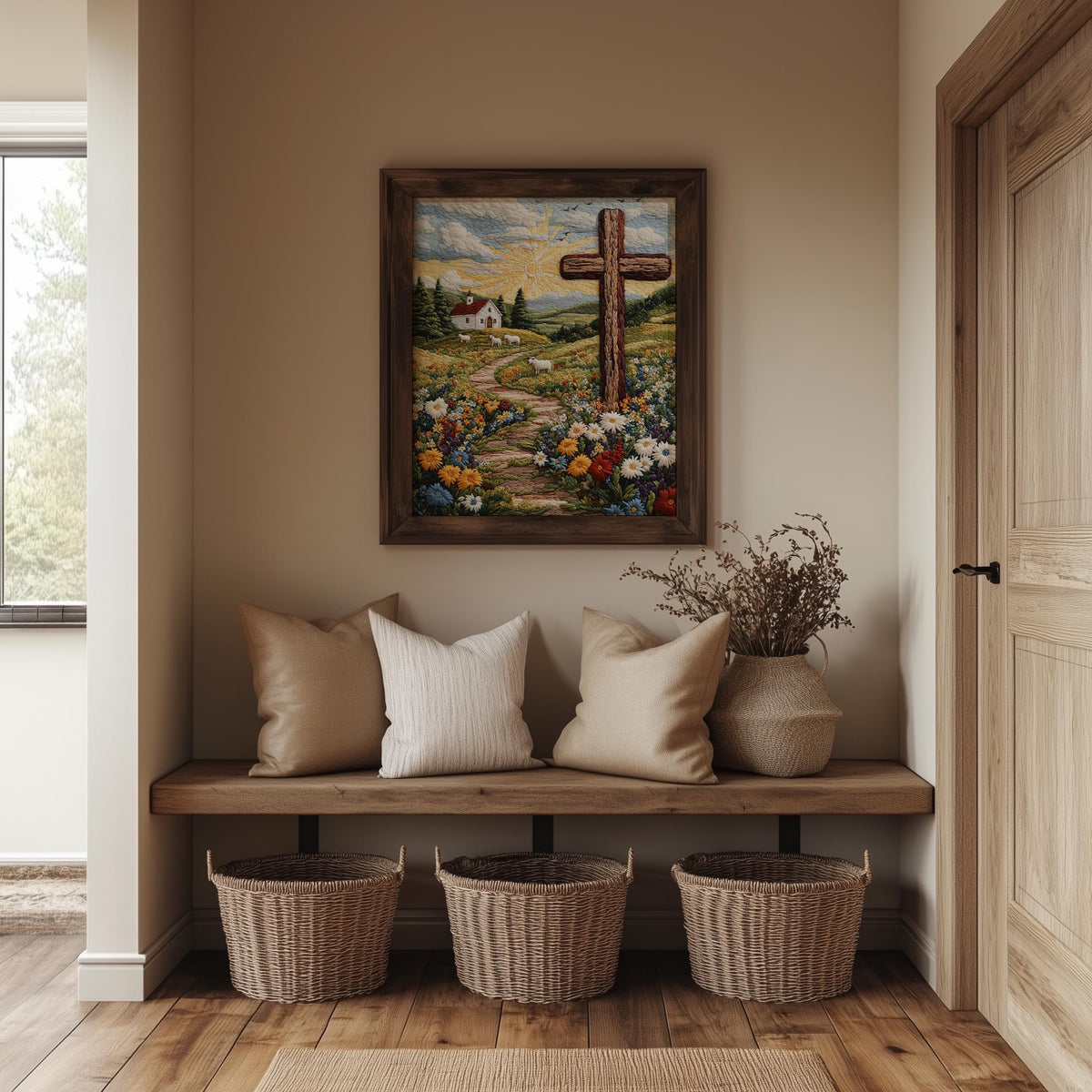 Embroidered Cross faith art print shown in a room setting
