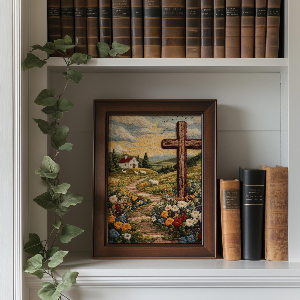 Embroidered Cross faith art print shown in a room setting