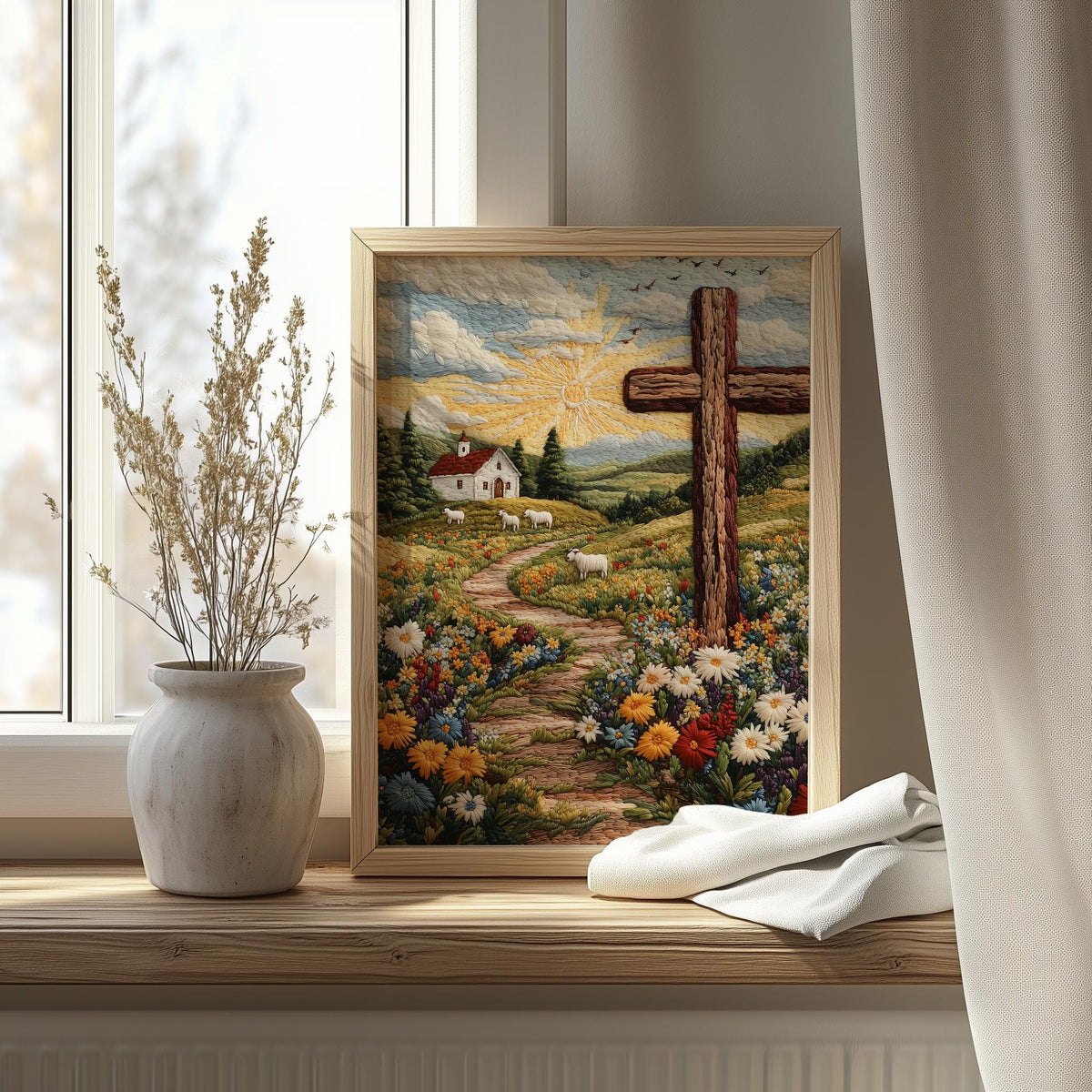 Embroidered Cross faith art print shown in a room setting