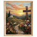 Embroidered Hill Cross faith art print framed