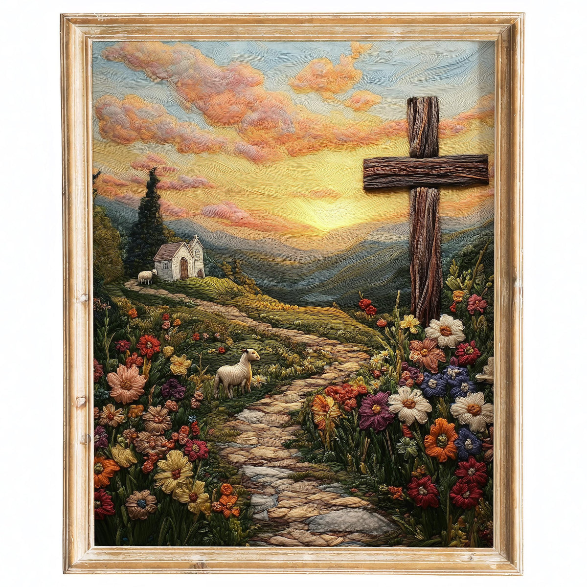Embroidered Hill Cross faith art print framed