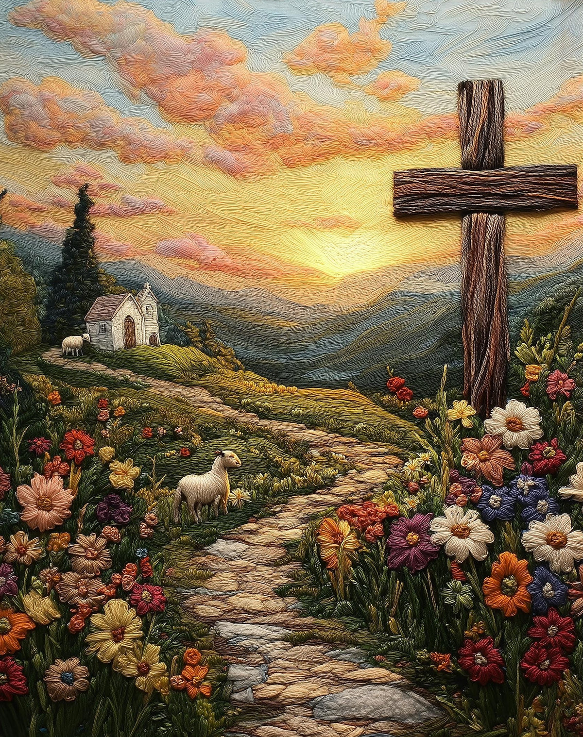 Embroidered Hill Cross faith art print unframed, signed by Pattie Overcash