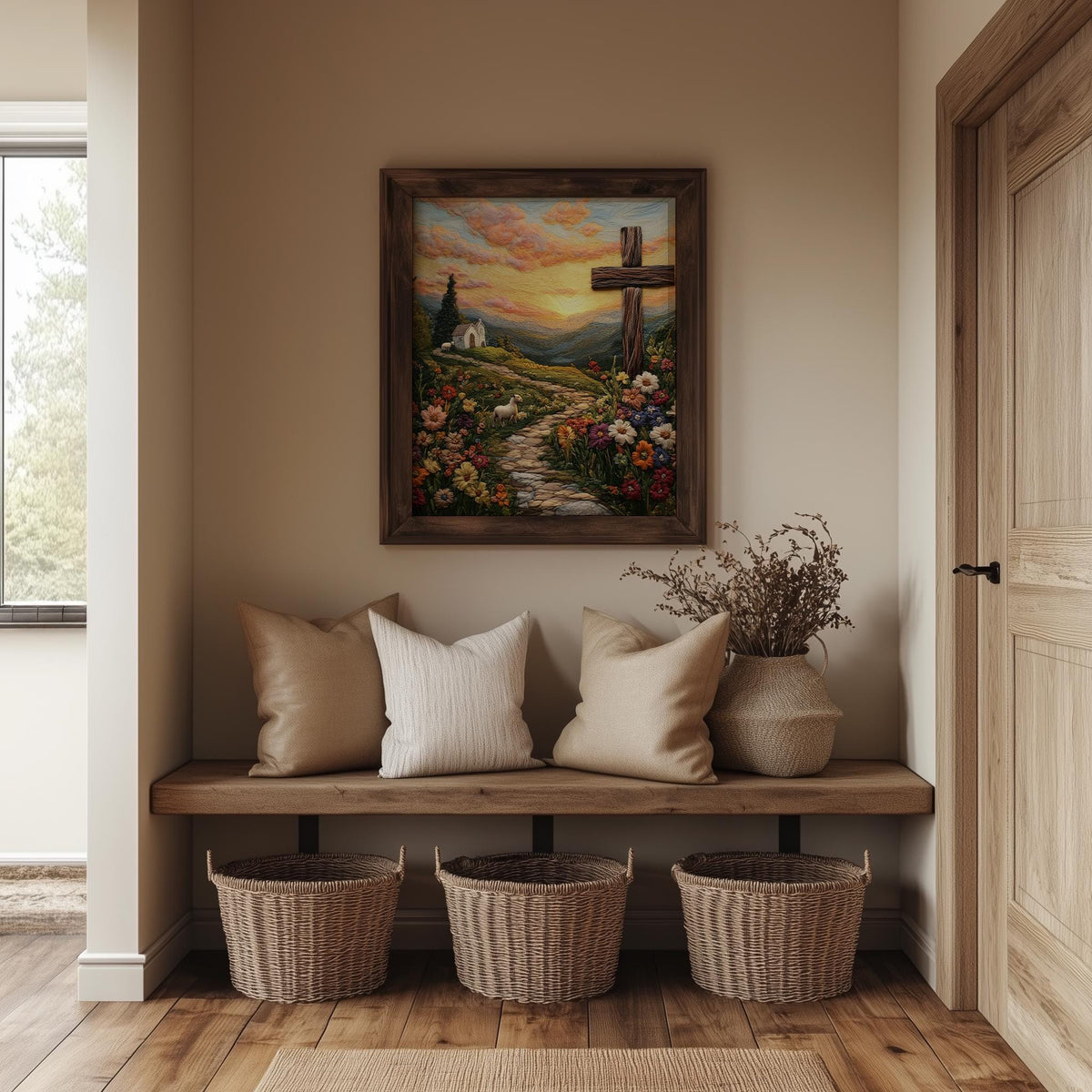 Embroidered Hill Cross faith art print shown in a room setting