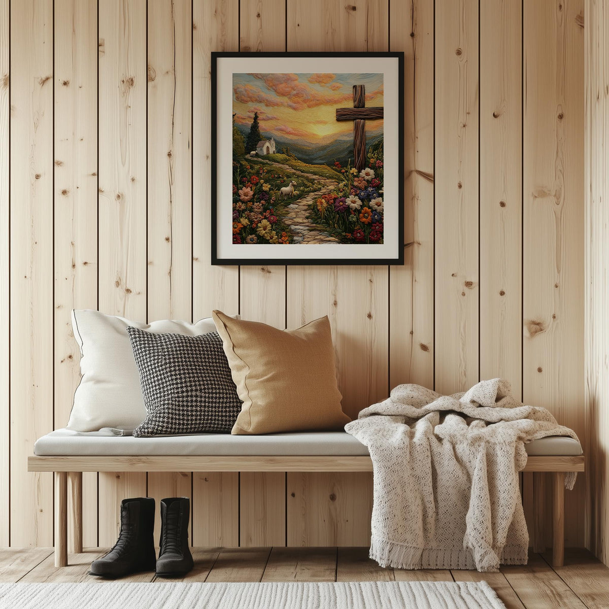 Embroidered Hill Cross faith art print shown in a room setting